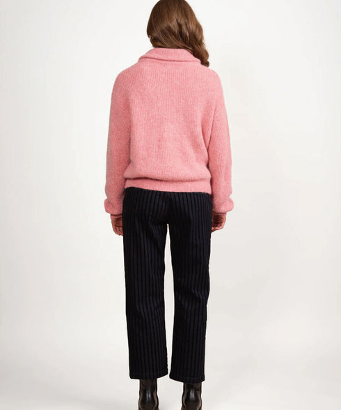 Vassalli Relaxed Fit Half Zip Sweater with Collar - Rose Pink