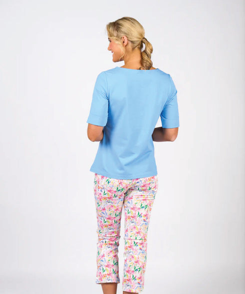 Vassalli Boat Neck 3/4 length sleeve Tee - Sky