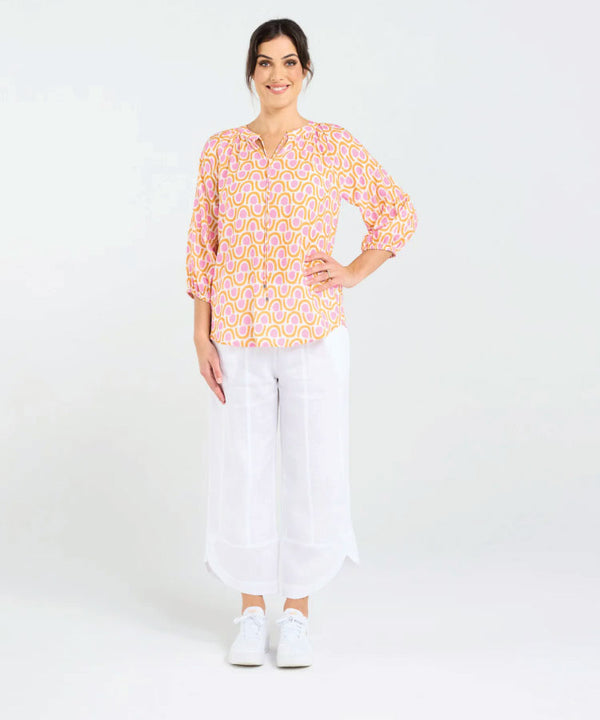 Black Stone Colette Gathererd Sleeve Top- Sunset Coral