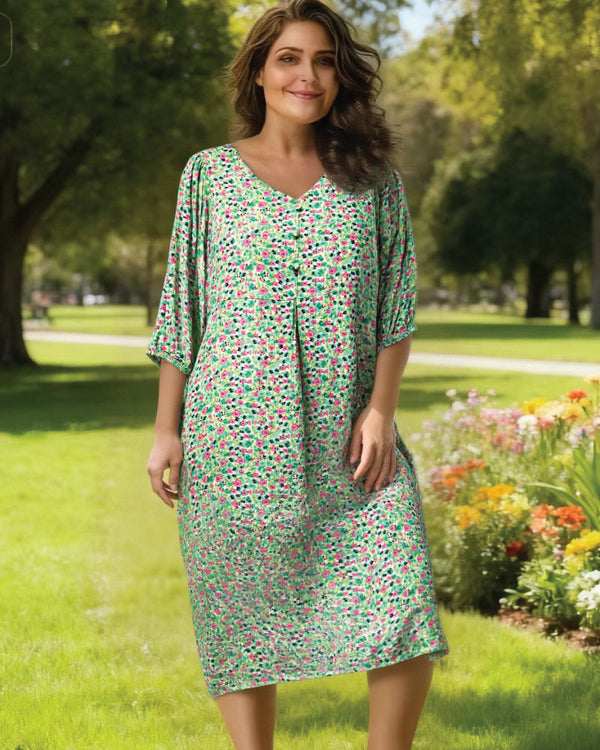 Glam Dress V Neck Puff Sleeve - Mint Flowers