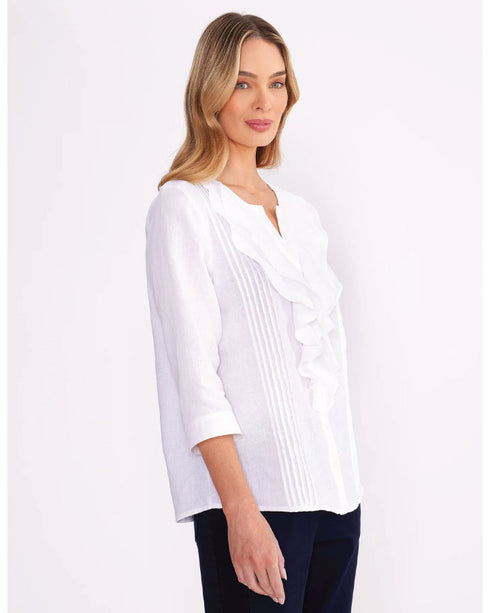 Yarra Trail Ruffle Linen Shirt - White
