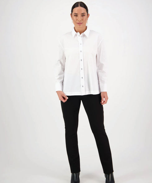 Vassalli Shirt with Contrast Stitching- White/Ink