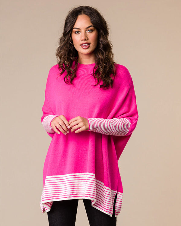 Classified Oversized Jumper with Stripe Sleeves - Hot Pink/White