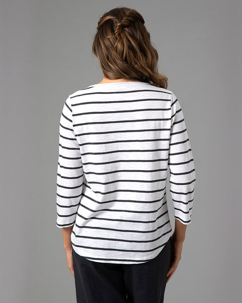 Embellished 3/4 Sleeve Stripe Tee White/Slate
