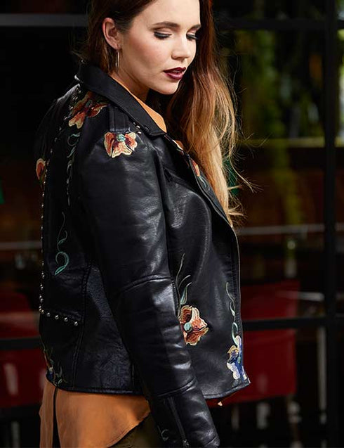 Embroidered Lined Pleather Jacket
